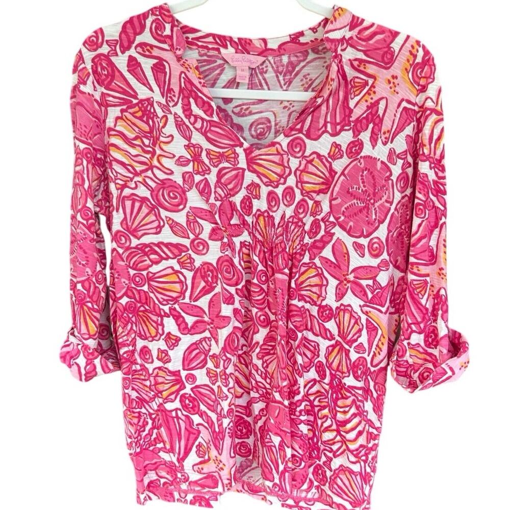 Lilly Pulitzer Pink Seashell Print Roll Tab Sleeve Knit Top Women's Medium